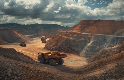 Open-pit mine site with haul vehicles