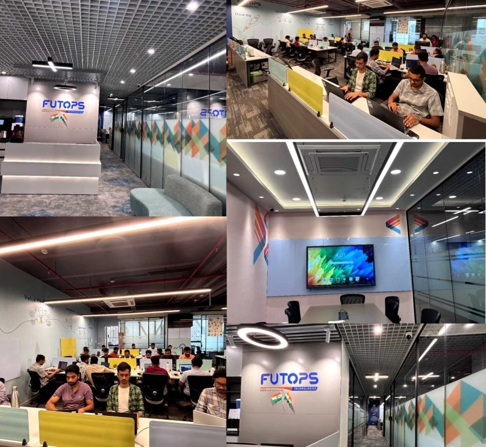 Futops office in Pune: reception, open-plan engineering floor and boardroom
