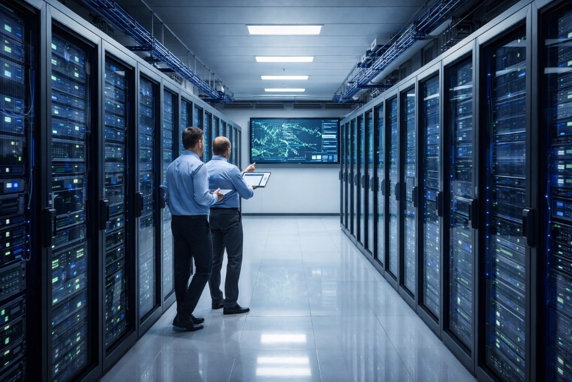 Engineers reviewing systems in a data-centre aisle