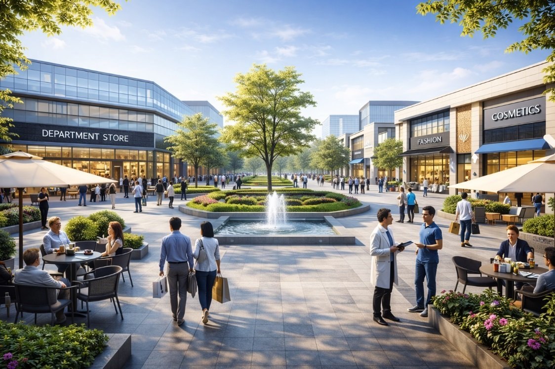 Open-air retail plaza with shoppers and storefronts