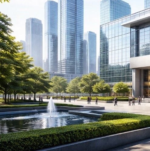 Corporate campus plaza with glass office towers