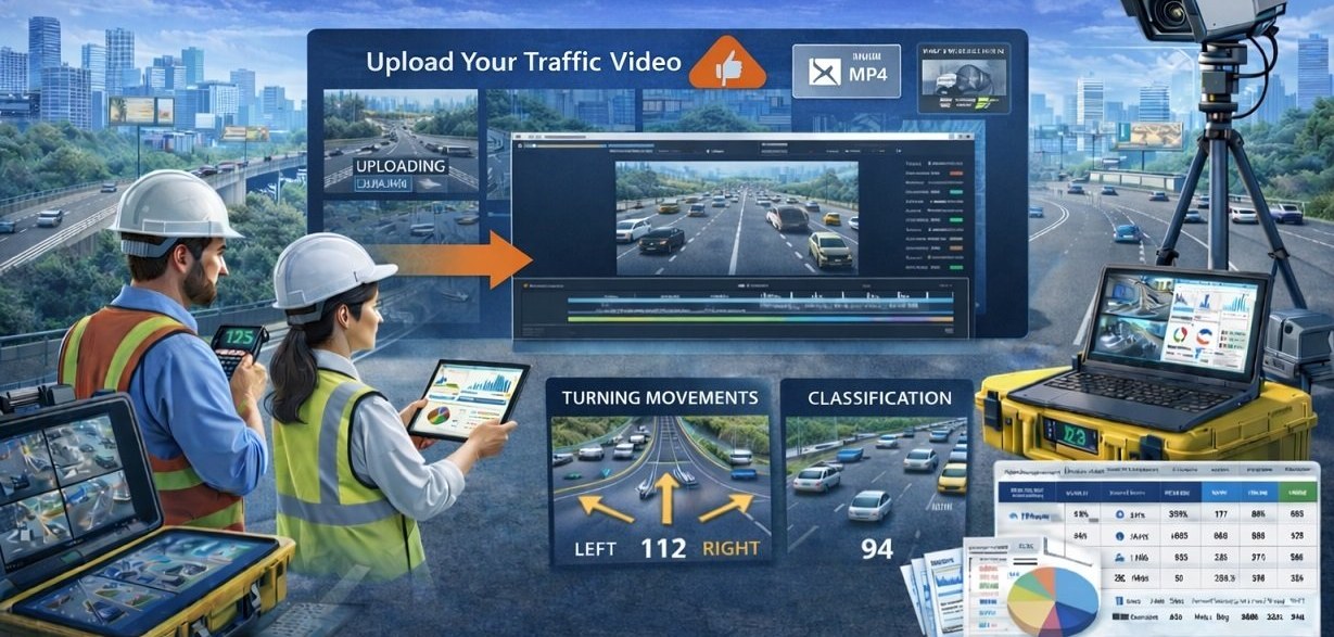 Survey team uploading traffic video for AI turning-movement and classification counts